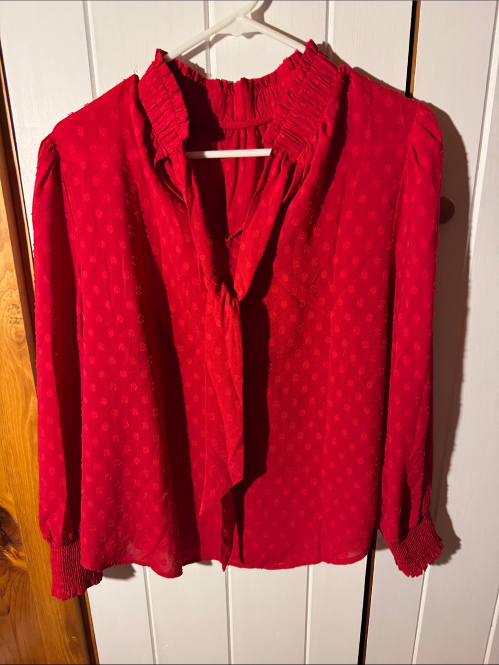 Loft Red Women's Long-Sleeve Ruffled Neck Blouse